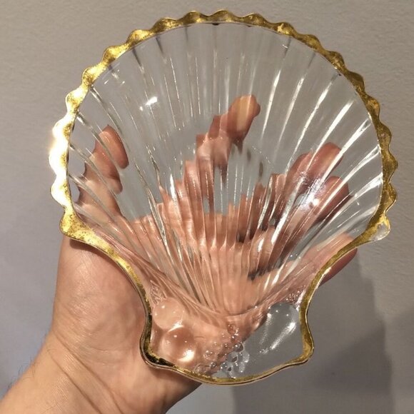🌷2/35🌷Vntg Seashell Crystal Glass Trinket Dish 18k Gold Rim with Fruits Grapes - Picture 8 of 16